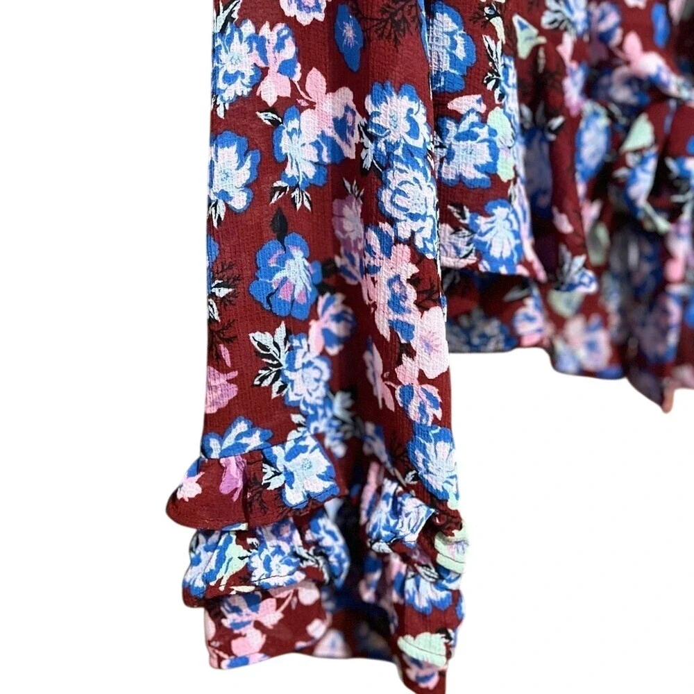 Free People Floral Tie Front Ruffle Blouse Burgundy Blue Small OB1026401‎ EUC